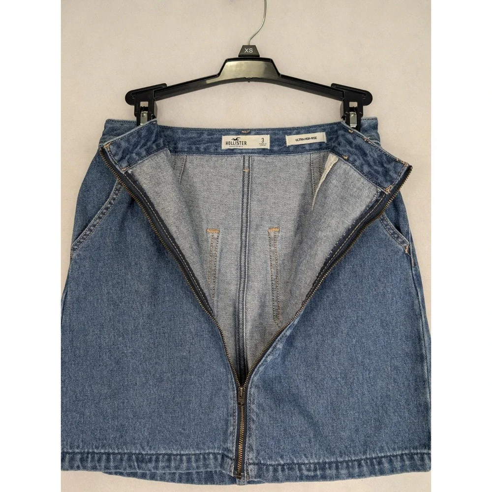 Hollister Denim Mini Skirt Womens 3 Blue Ultra High Rise Exposed Full Zip Casual
